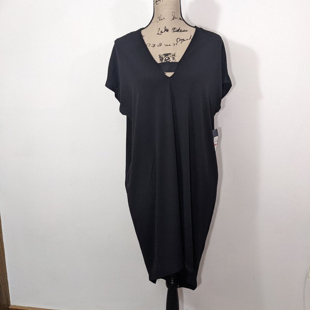 NWT $89 Rachel Roy Dress Short Sleeve Shift Plunge Neck High Low Black Sz XS